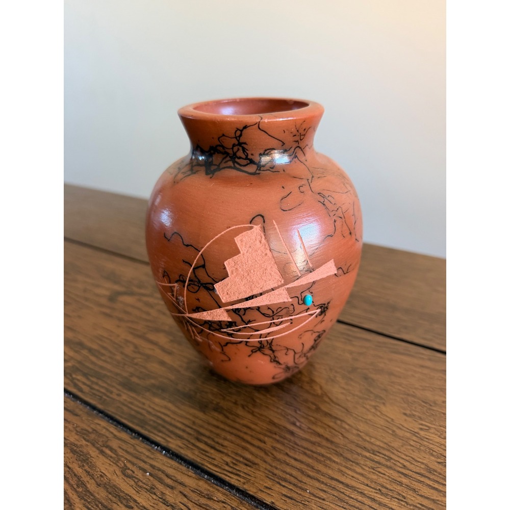 Navajo Horsehair Pottery Vase Small Terracotta Etched Turquoise Signed 1996